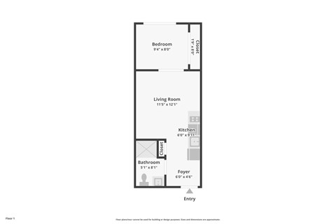 Floor plan for 1 bed, 1 bath, 365 sqft